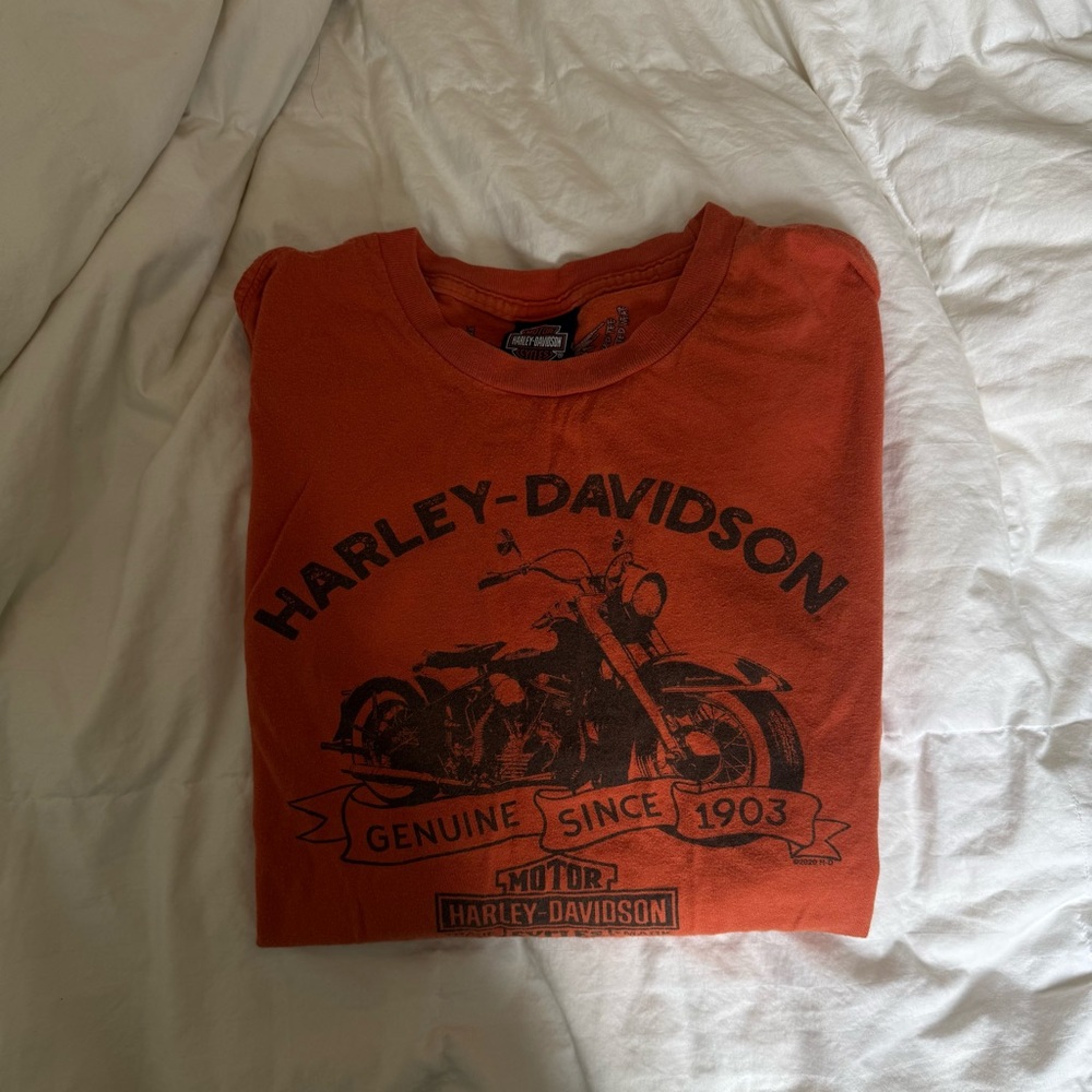 Harley-Davidson Orange Crewneck Tee with Black Motorcycle Graphic